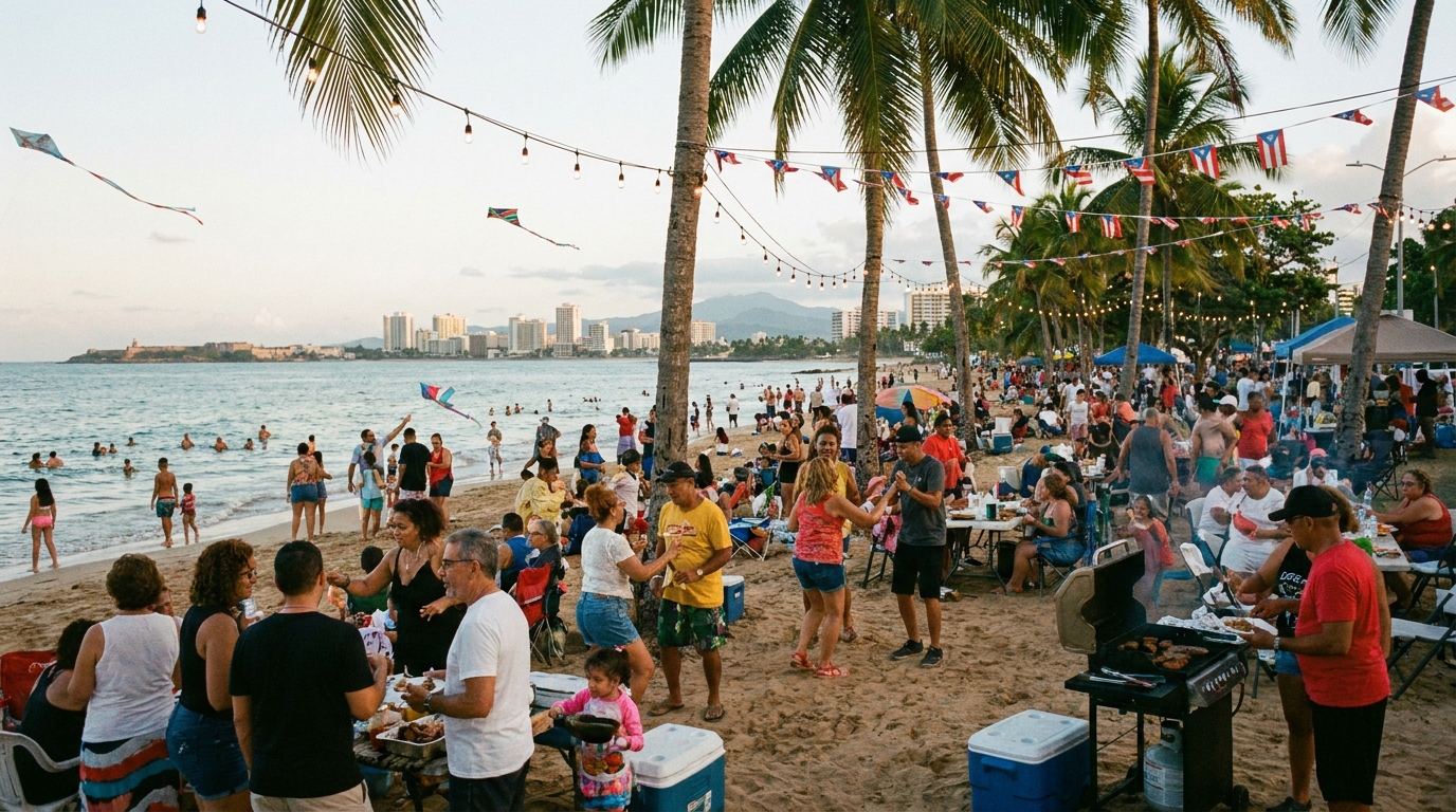 Familias celebrando el Día del Trabajo en la playa